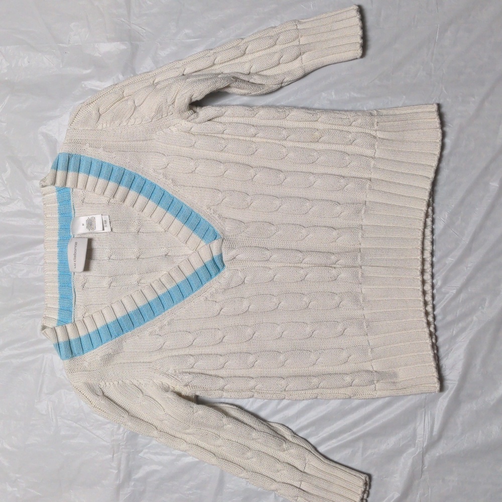 Liz Claiborne Vintage Y2K White Blue Cable Knit Preppy Tennis Sweater Sz Med